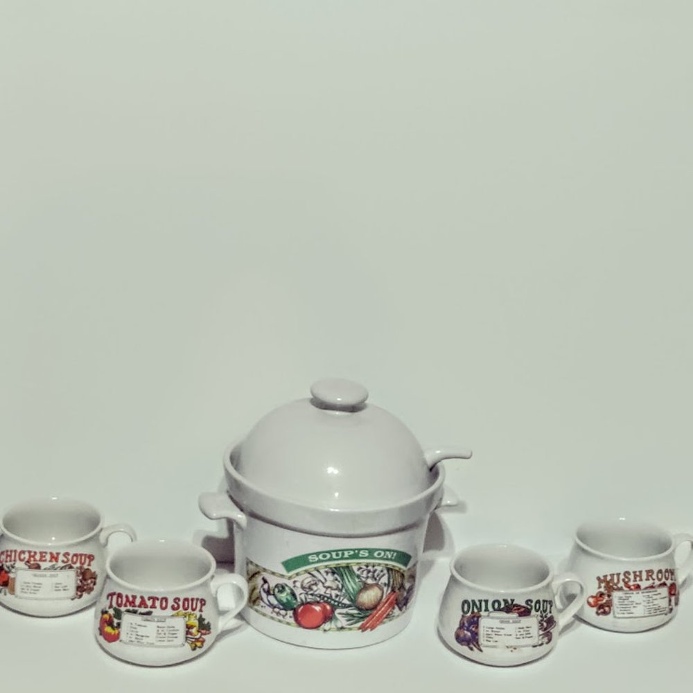 Vintage Rare HIMARK "Soups On" Ceramic Soup Tureen with Lid & Ladle